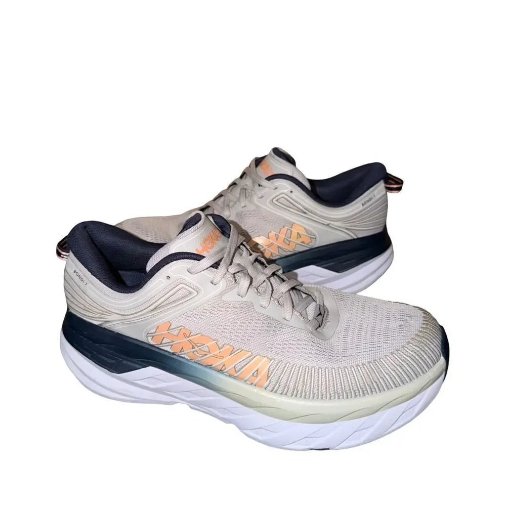 Hoka Bondi 7 women’s Running Shoe - Light Beige with Navy & Peach size 10